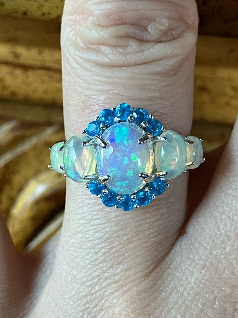 Natural Ethiopian Opal Blue Apatite Sterling Silver Ring Size 6